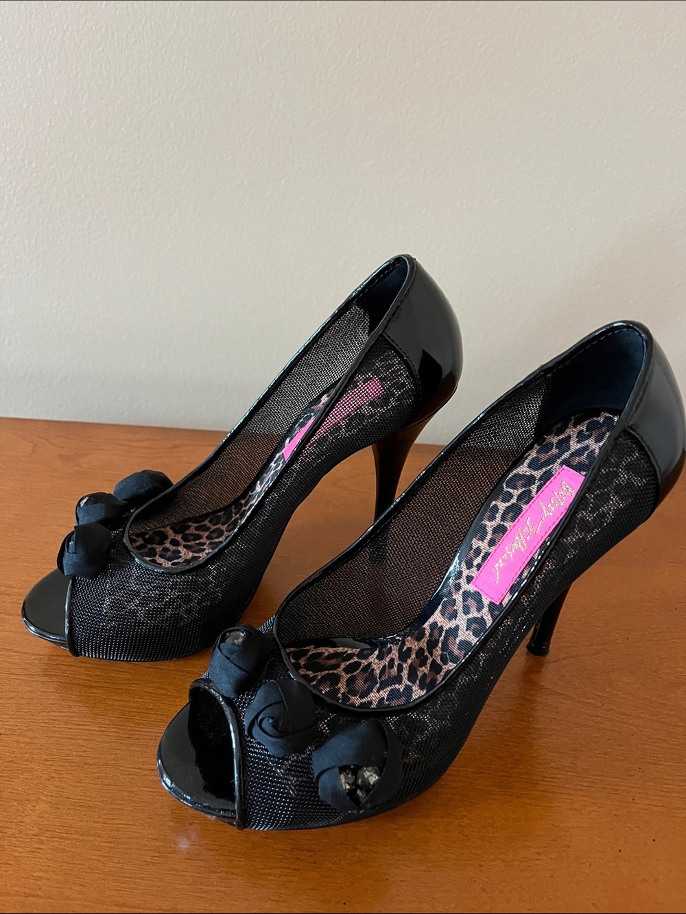 Betsey Johnson Black Peep Toe Pumps with Faux Diamond Flower Decoration